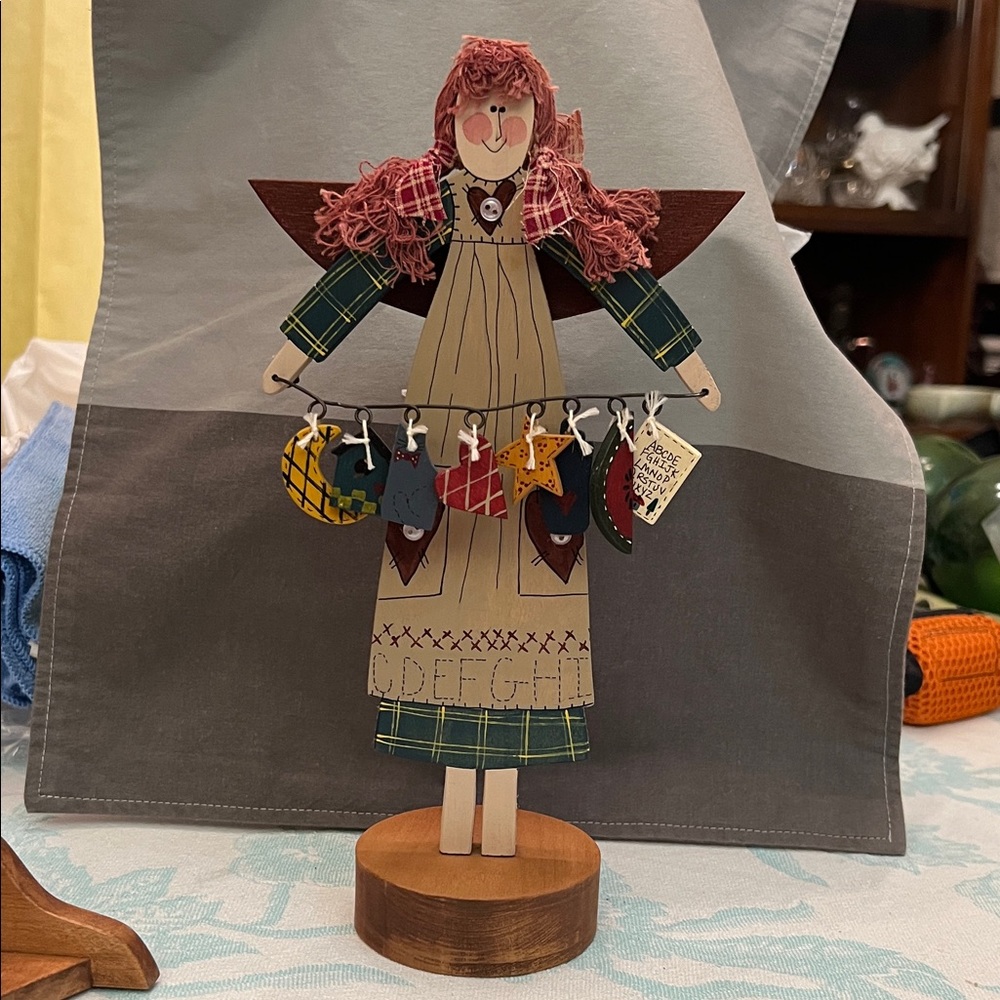 Hand Made Wood School Girl w Hesrts
